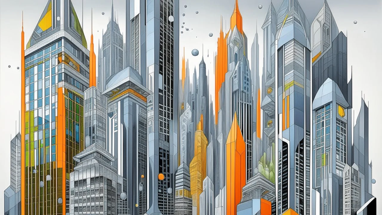 A futuristic cityscape with tall, angular skyscrapers and unique architectural structures in varying shades of grey, yellow, blue, green and orange, the buildings have intricate designs and patterns, creating an architecturally avant garde visual appearance.