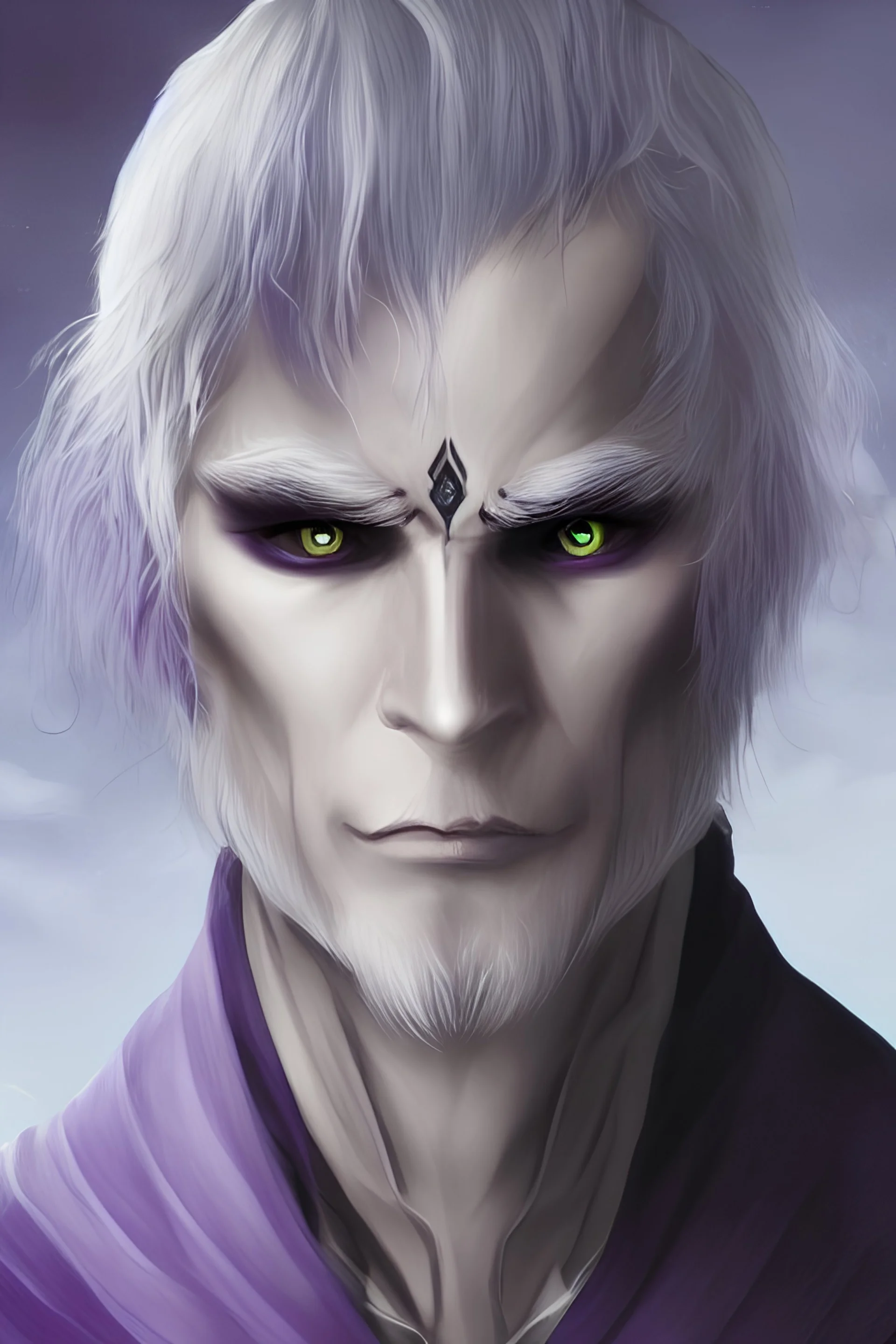 Elven man with white hair and purple eyes and black wings