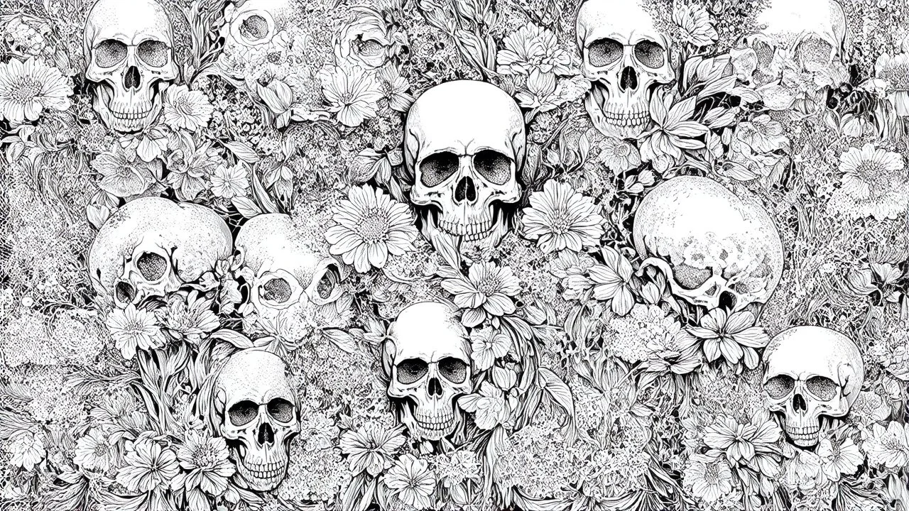 tracery of flowers and skulls, black and white, Maximum minimalism