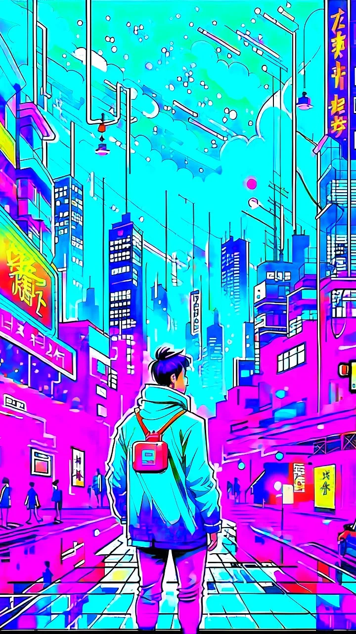 illustrations with a professional art style that show people learn artificial intelligence, use colorful and midnight city theme as a background, make it outstanding