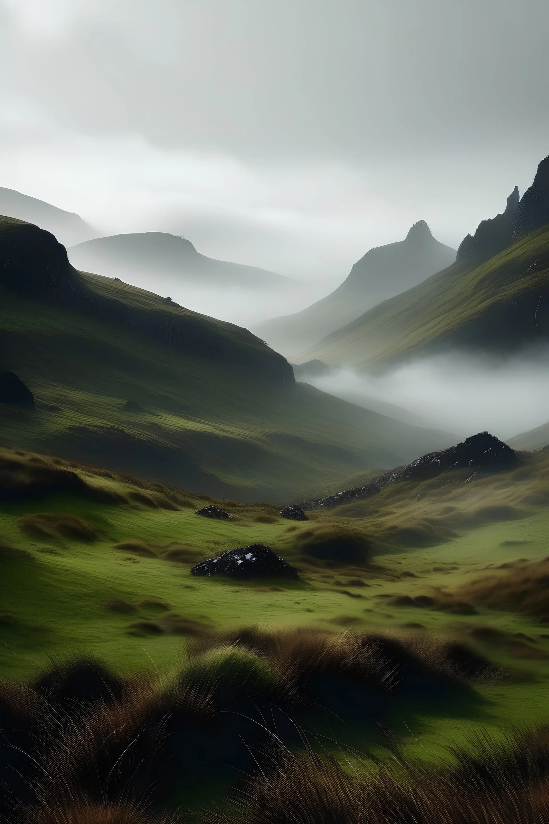 Hills of the Scotland highlands, misty fog, Canon RF 16mm f:2.8 STM Lens, award winning photography, by National Geographic and Unsplash