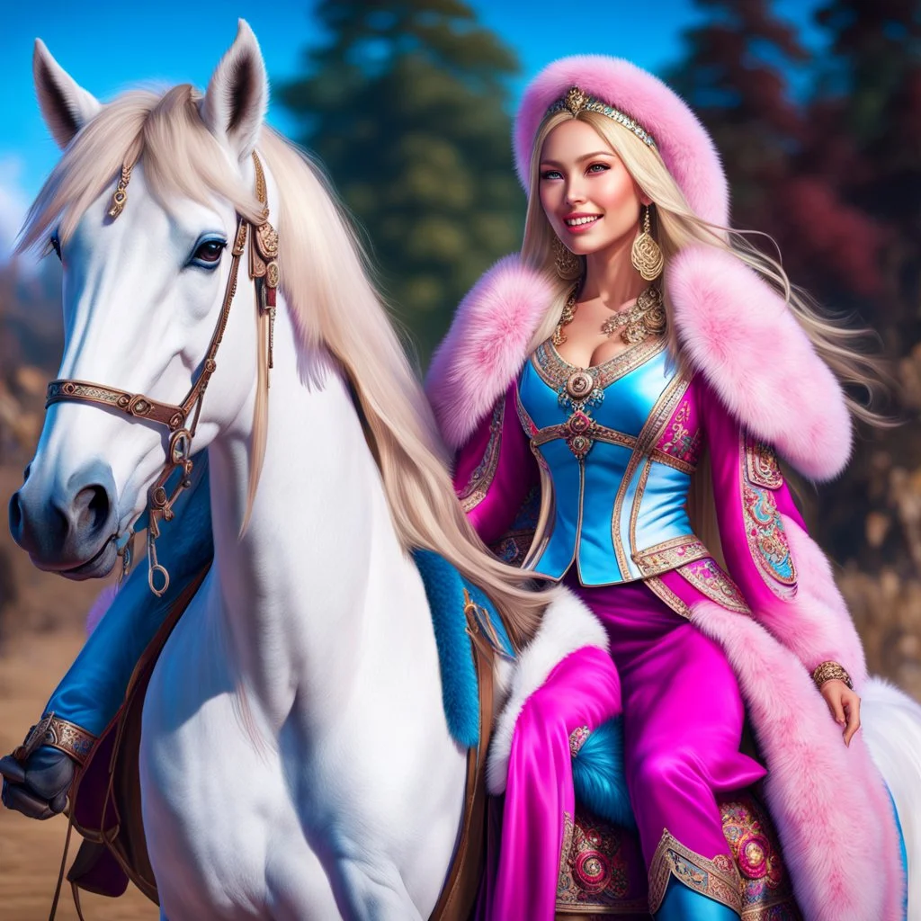 (masterpiece, best quality, 8k, RAW photo, beautiful and aesthetic:1.2), complex detail, Indirect light, photorealistic, (((full body))), 2 Gorgeous Cosmic russian asian goddess smiling, long curved blonde hair, blue eyes, Mixed, sci-fi and traditional russian outfit with pink velvet and white furs and chapka, on a horse companion, a colorfull Sci-Fi environment