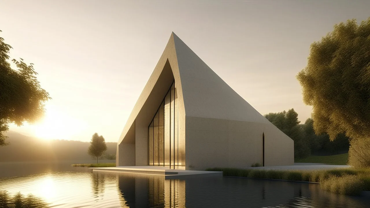 Una capilla contemporánea de hormigón rugoso con techos inclinados y curvos que se funden con muros gruesos de textura táctil, generando un espacio de recogimiento espiritual. La fachada asimétrica pero equilibrada presenta huecos geométricos triangulares que filtran la luz dorada del atardecer, reflejándose en una lámina de agua serena que rodea la base del edificio. La composición enfatiza la solemnidad y la organicidad modernista integrada en un paisaje de rocas y praderas.