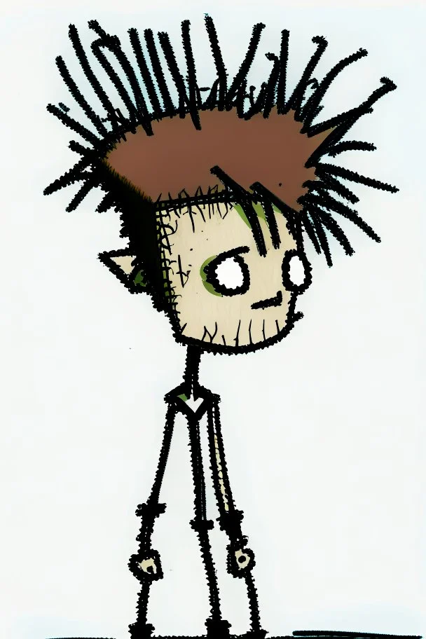 2d drawing of a stickman, cool with punk hair, x eyes like in hangman, standing, back view, slightly bended over and looking back into the camera, smiling,close-up ,3d realistic in colour