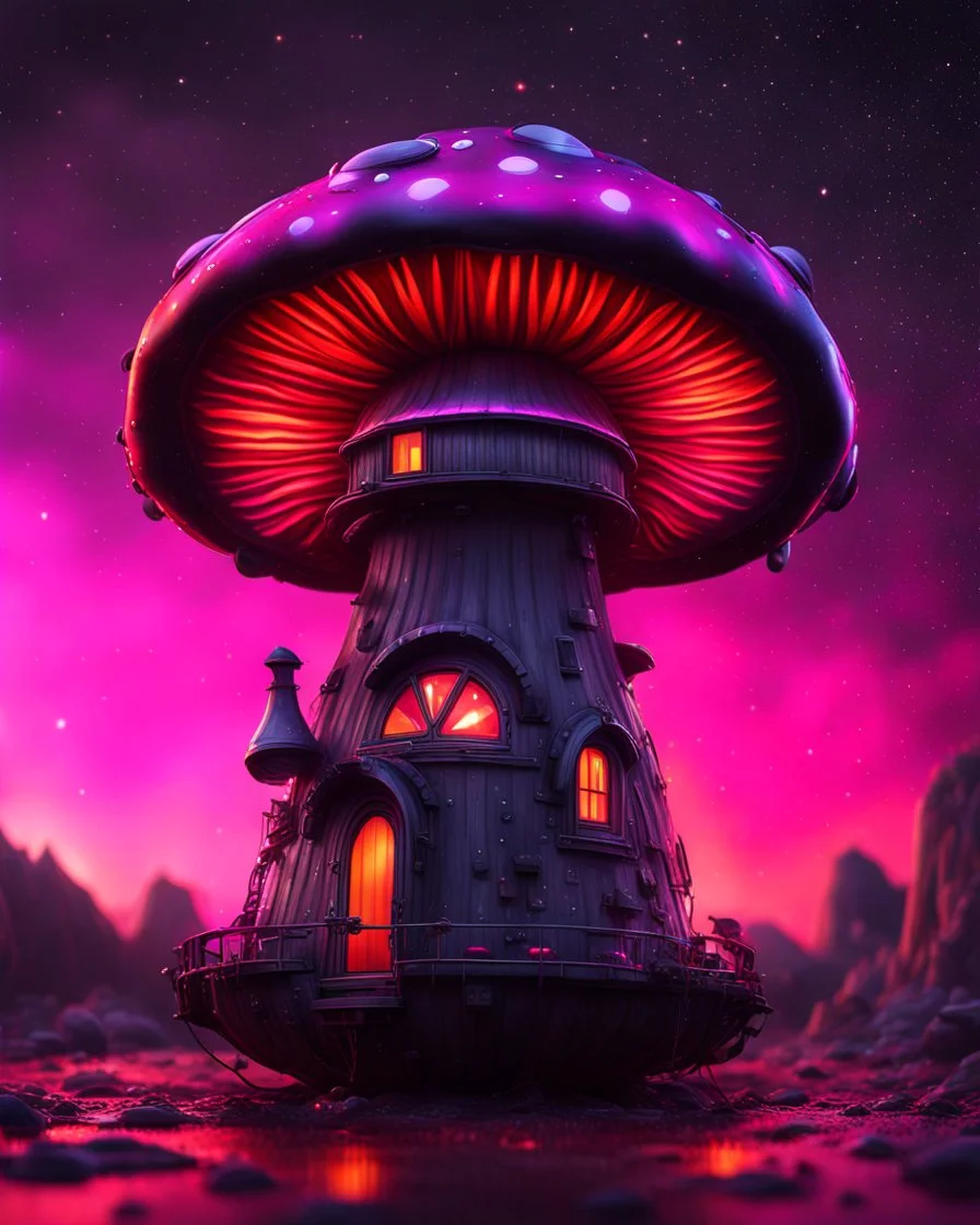An illogical floating mushroom house on a clear moonless night. . Bright Bold Bright Colors, pink red orange black, Starry Dark cosmic interstellar. Detailed Matte Painting, deep color, fantastical, intricate detail, splash screen, hyperdetailed, insane depth, concept art, 8k resolution, trending on Artstation, Unreal Engine 5, color depth, backlit, splash art, dramatic, High Quality Whimsical Fun Imaginative Bubbly, perfect composition