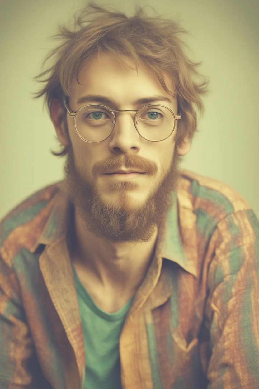 hippie young man with glasses of colours and poor and short short short and poor hair on the head with receding hairline. Farsightedness glasses with big eyes. Shirt beard in the head. Vintage look and feel like photo style-of the 70s