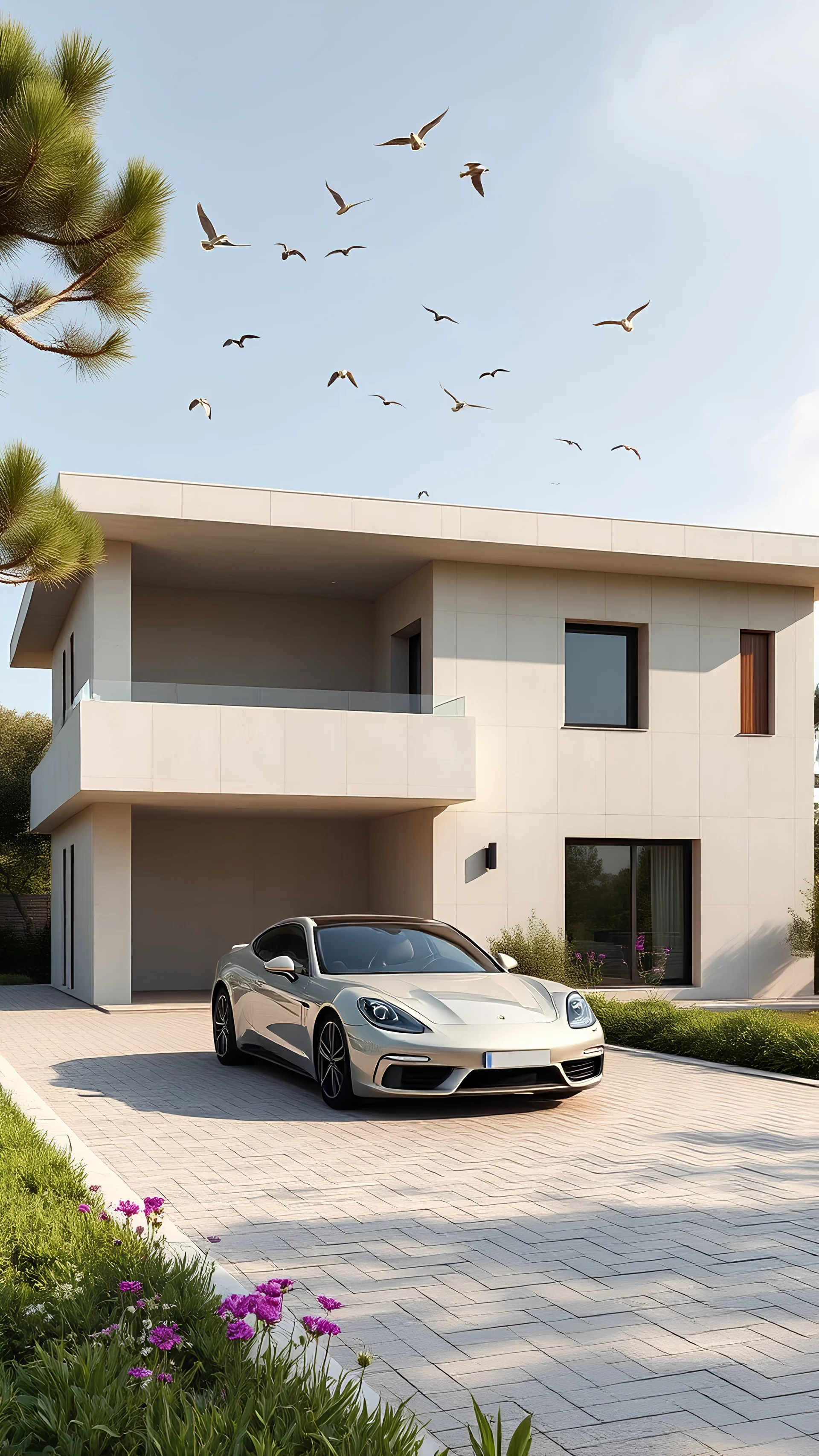 Modern villa 350m2 business class in Spain. House with a flat roof, two-story. Elegant car under a canopy. in the foreground paved driveway. Competitive development project in the style of Japanese minimalist architects. The facade of the house is light polished concrete with fine stone infill. There are many wooden inserts on the facade. Small windows. Dark frame of windows. Midday, clear sky, several birds in the sky. gloomy vegetation, lush decorative vegetation, wildflowers. Archdaily style