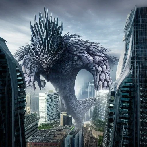 flying kaiju creature with stalked eyes and big mounth designed by zaha hadid destroying a city designed by dr Seuss