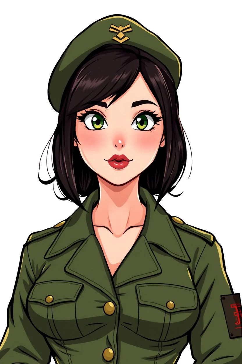 In a realistic, non-anime, vintage cartoon style: Bust shot of 35-year old, chubby Scandinavian dark-haired lady with green eyes and very thick lips who looks hot in modern military uniform with a beret