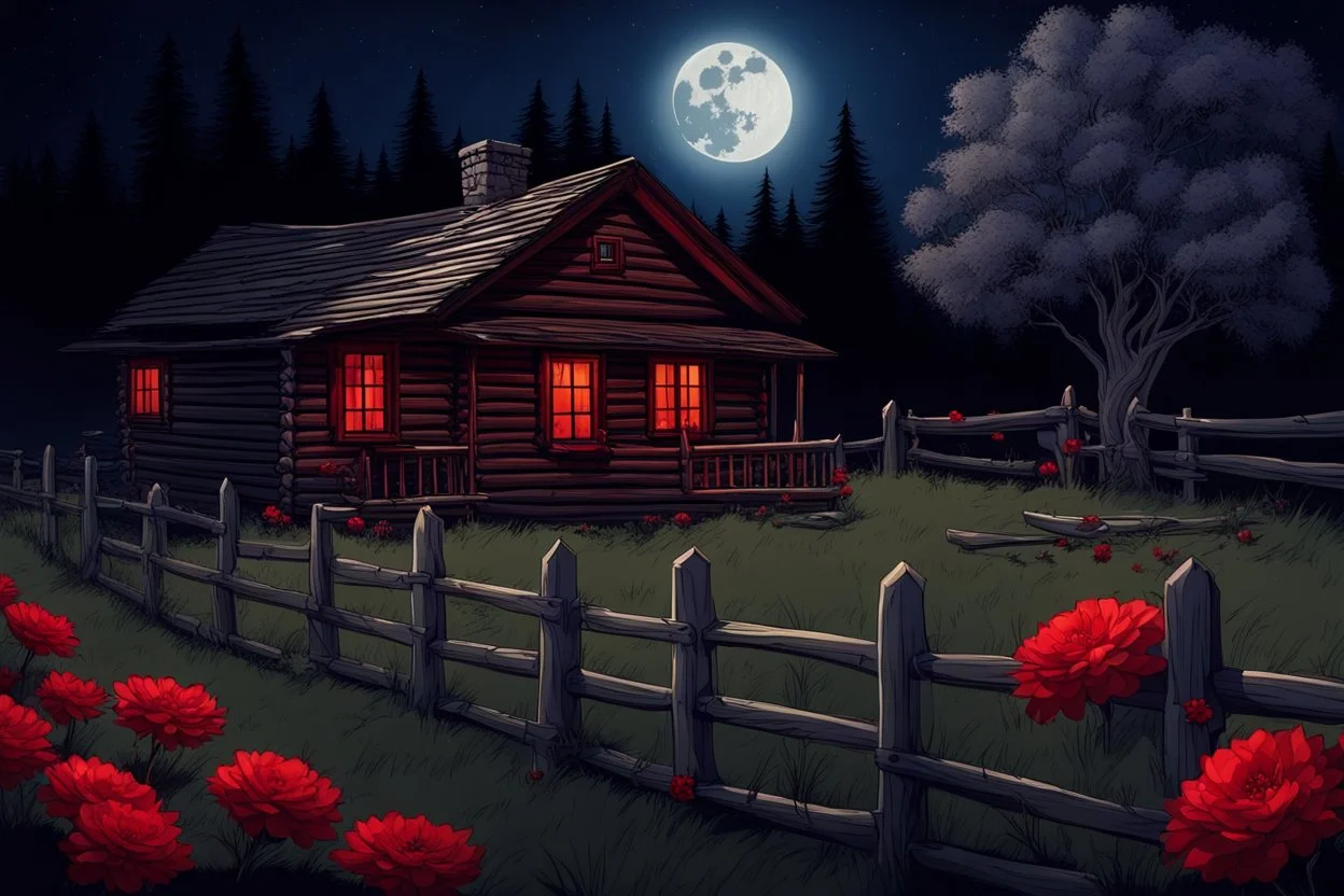 Dry trees, night, full moon, cabin, yard with red flowers, fence, background pc