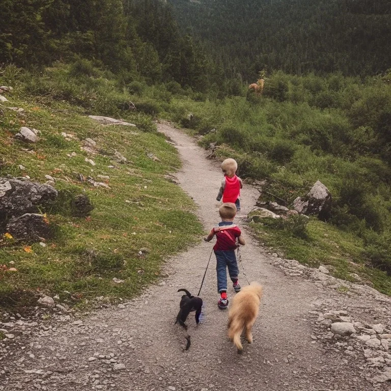 little boy walking on a moutain with a dog