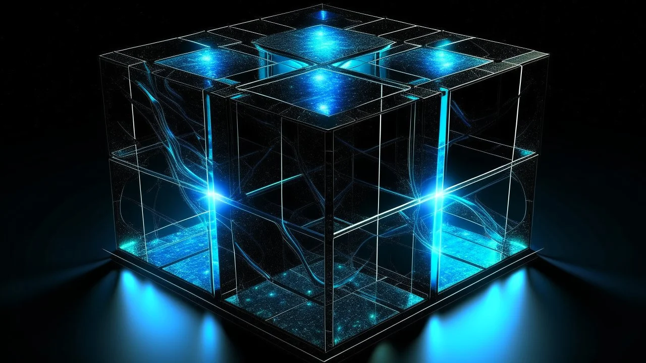 Cube tesseract located strictly in the middle of picture with space around it and with glow in tesseract, but without glow below it, without background or table.