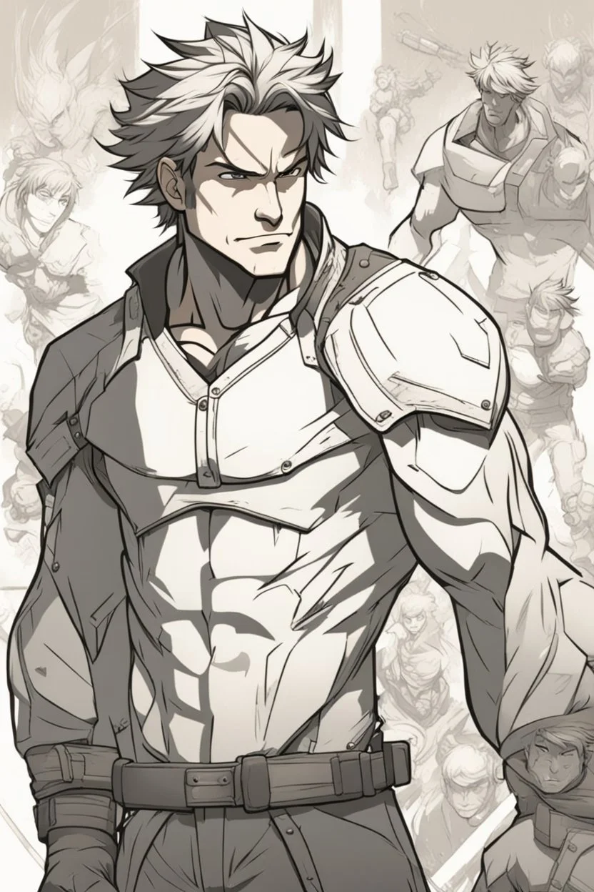 Create the An image of a man drawn in a dynamic style that captures the essence of animation and motion. The artwork showcases the technical and aesthetic details that make it stand out. The character's traits are prominent, and the black color dominates the character, creating a sense of depth and density. The brown background contrasts with the character's features, making them more visible. The character's eye is especially captivating, as it reveals the fine details of the illustration. The