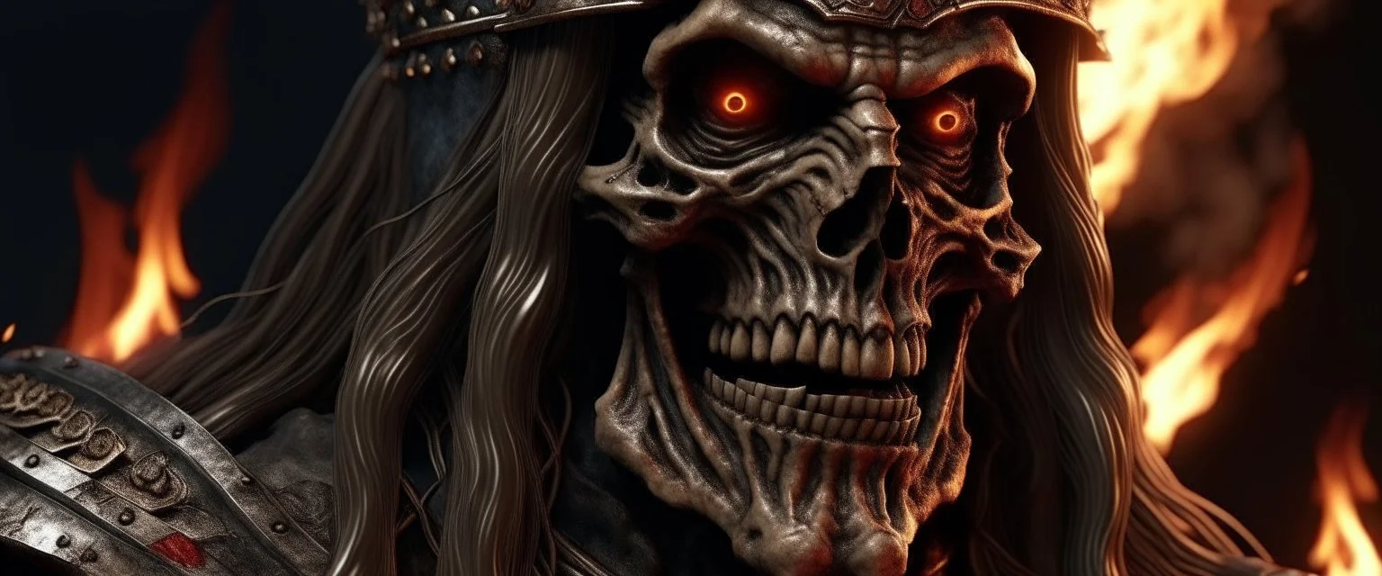 4K. REALISTIC FULL DETAILS. EMISSION METAL FIRESTARTER. PORTRAIT SORCIER VAUDOU STYLE IRON MAIDEN