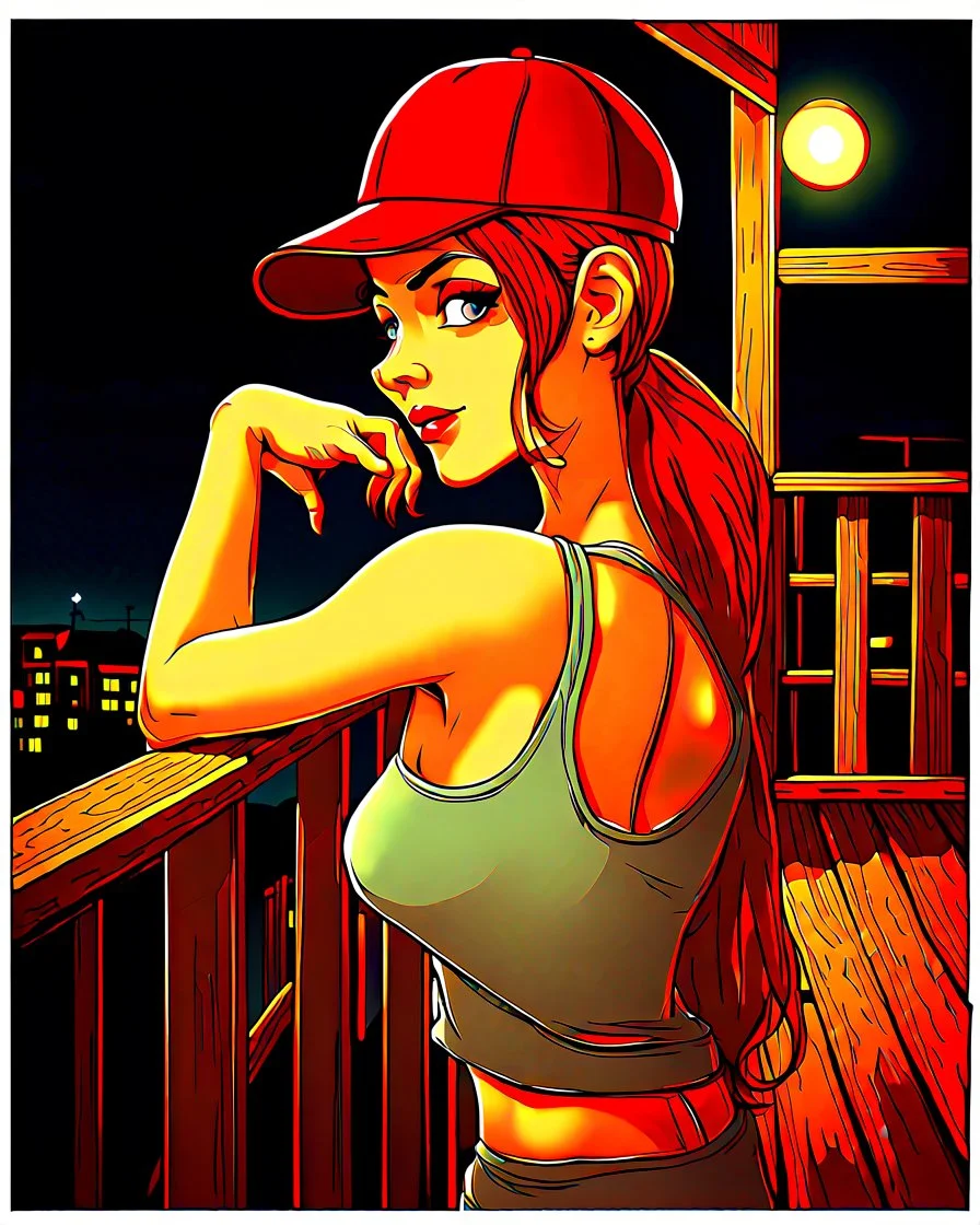 woman with a red baseball hat. leaning on a wooden balcony. night time. fantasy. cartoon. studio lightining.