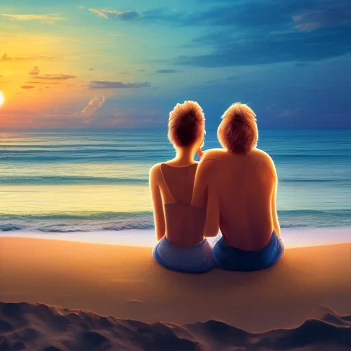 2 lovers watching the sunset sitting in the sand on a sand island