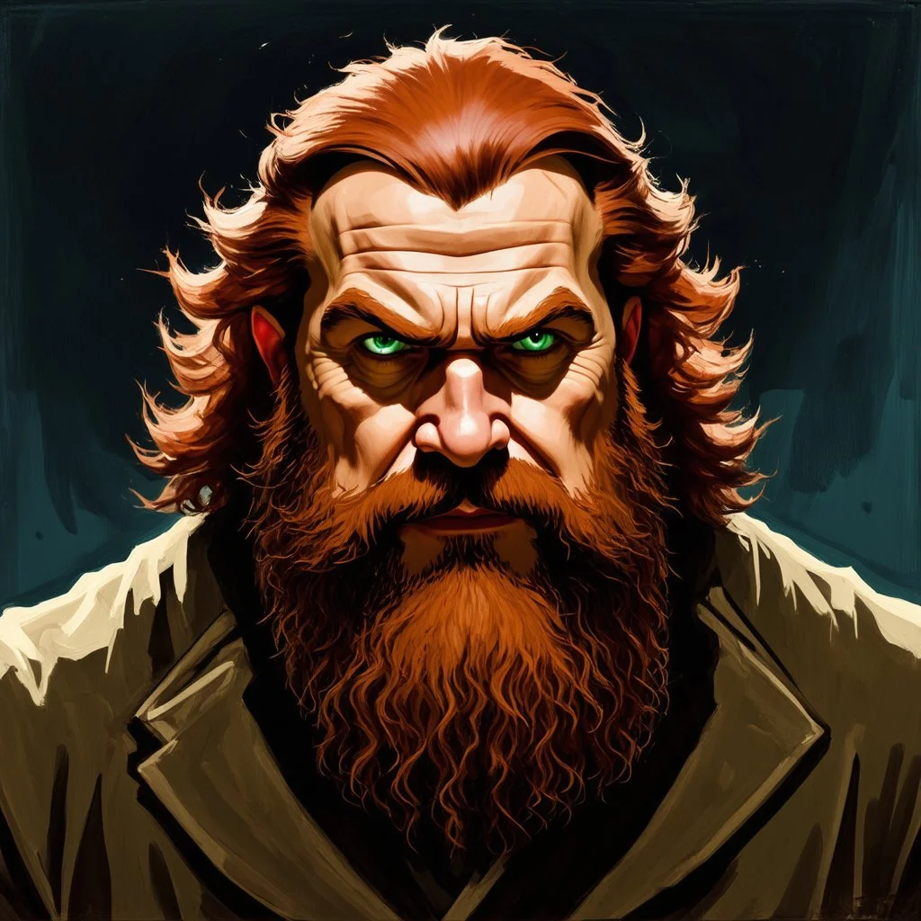 dnd, fantasy, watercolour, stylistic, portrait, illustration, dull colours, male, dwarf, face, bearded, long brows, frugal, weathered face, green eyes, determined, happy, red hair, very long hair streaming down the shoulders, radiating light, five o'clock shadow, softer facial features, dignified