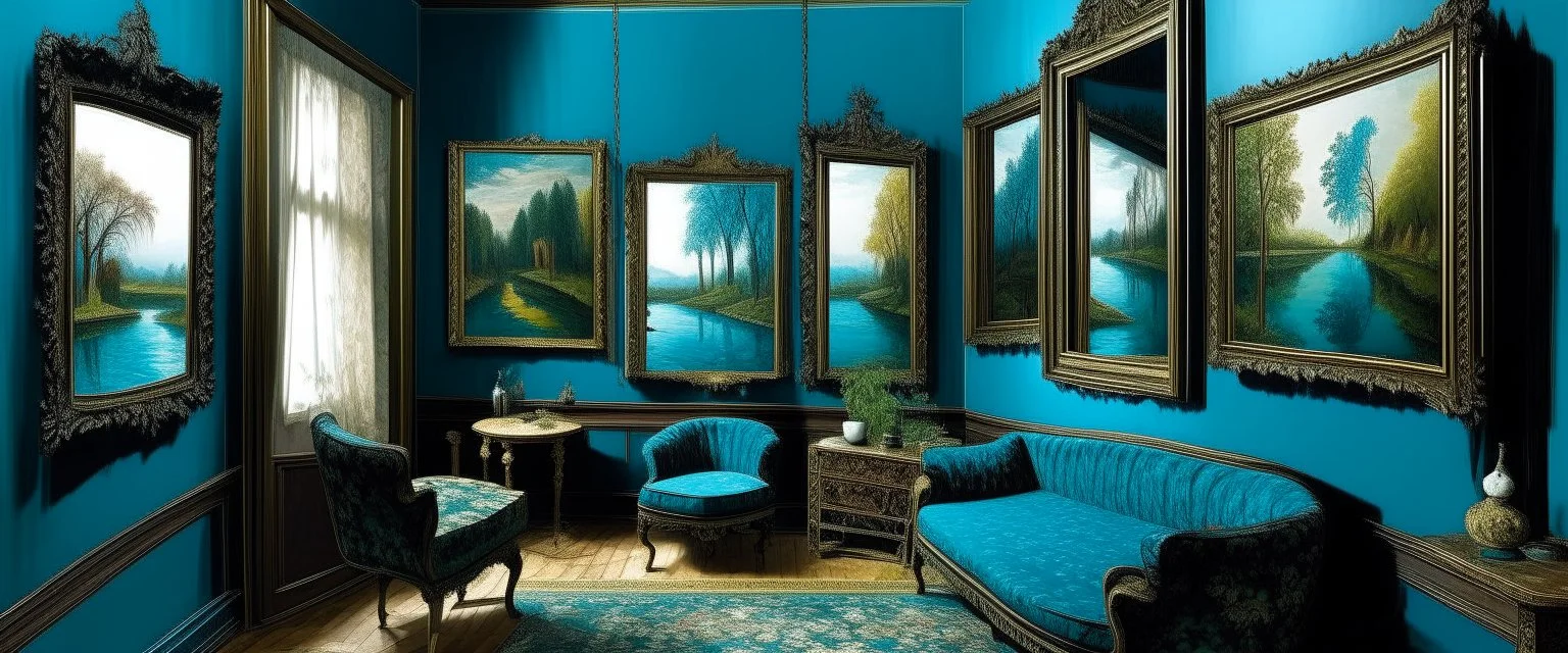 A blackish teal realm with copied mirrors painted by Alfred Sisley