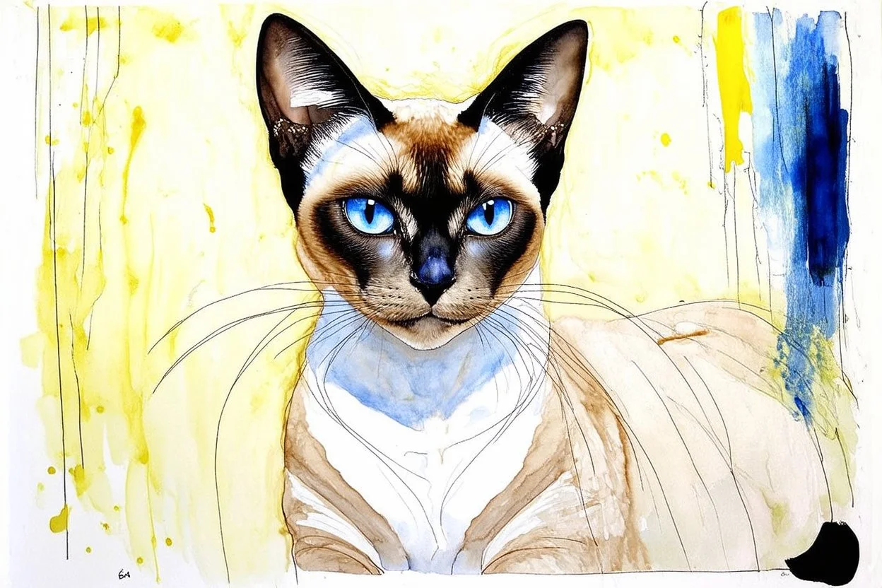 promt: WOMEN AND SIAMESE CATS Surreal mixed-media combining wet watercolor, tempera paint, and fine line pen drawing of a stunning, slender, elegant, blue eyed, slender Siamese cat. by Gustav Klimt