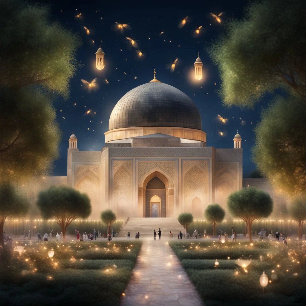 Hyper Realistic Al-Aqsa Mosque between a beautiful garden with celebration lights & fireflies at night with Palestinian people celebrating