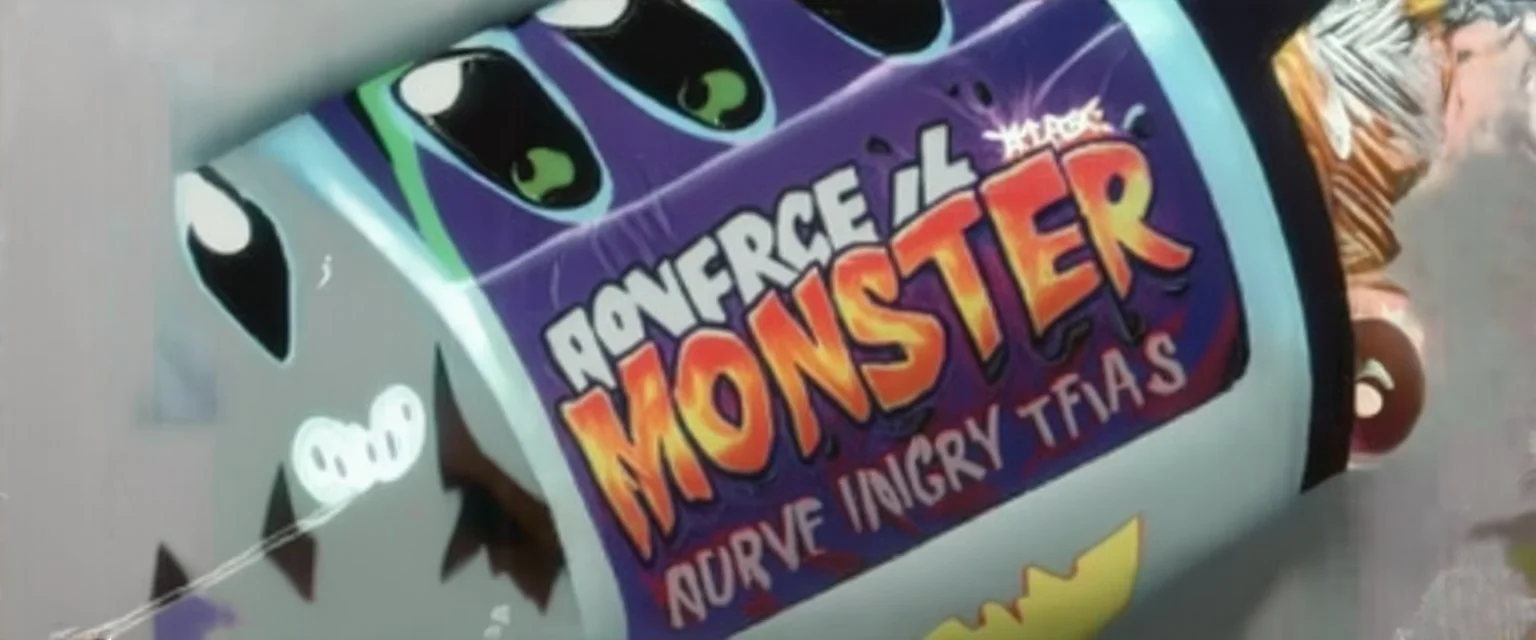 monster more angry and more 90s style, angry fast, extreme, wild, so so angry, red and purple background with 90s style slashes, 45 degree angle, ferce,