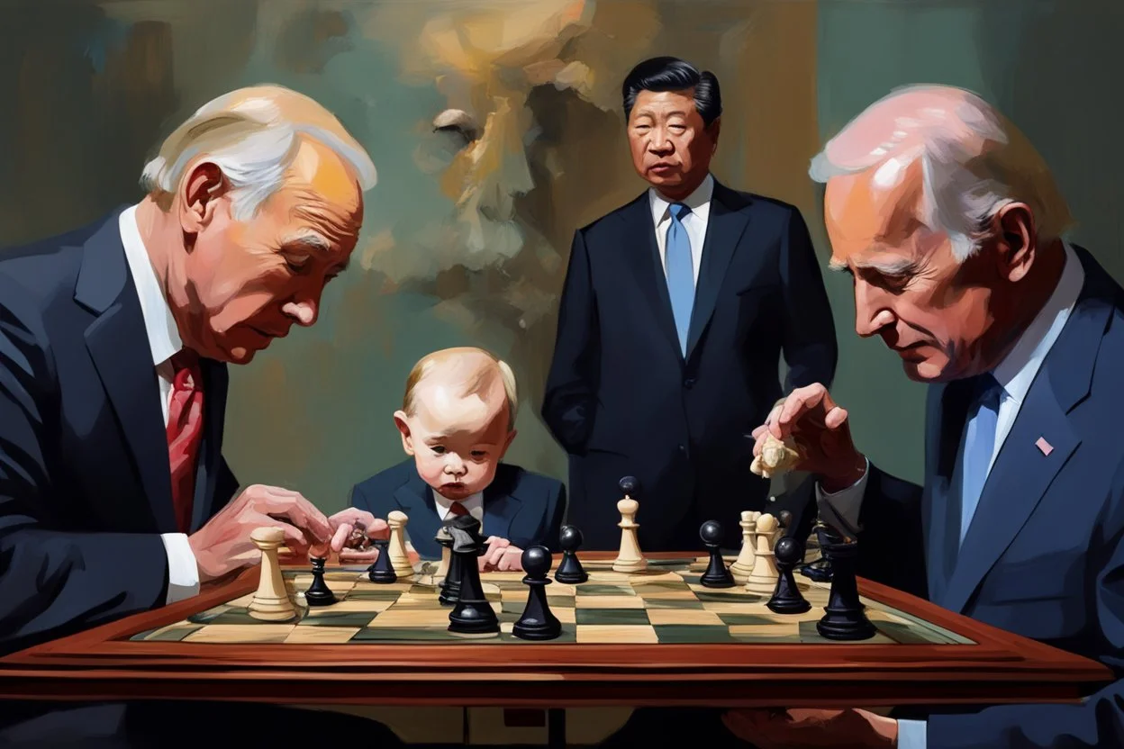 Putin, President Xi Of China And Joe Biden Play Chess With A Pigeon,Ufo And Atomic Bomb Mushroom Cloud,Complex Surgical Instruments Intermixed With A Newborn Boy,Minimalism,Painting By Adrian Ghenie,Rene Magritte,Pablo Picasso,Michelangelo,Salvador Dali,Lucian Freud