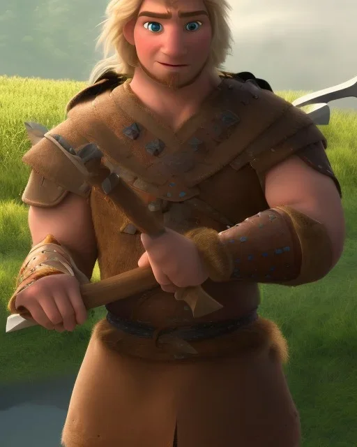 strong medieval warrior with short blond hair, blue eyes and wide warm smile with an axe with green and brown clothes