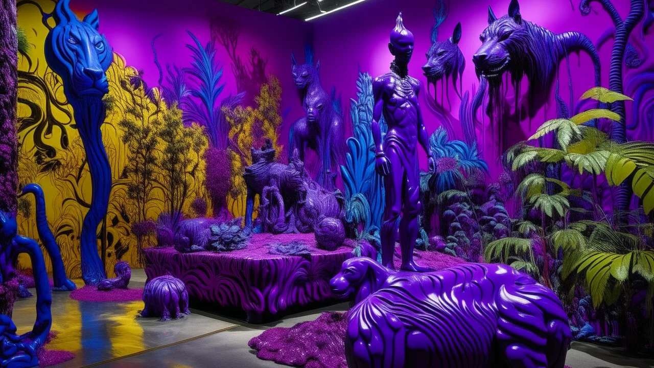 A purple jungle with a toxic river designed in Maori sculptures painted by Andy Warhol