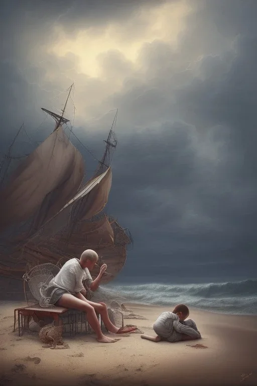 painting of boy next to man sleeping on beach, old clothes, dark storm clouds overhead, gloomy, bleak, shopping trolley, ship at sea, little fires