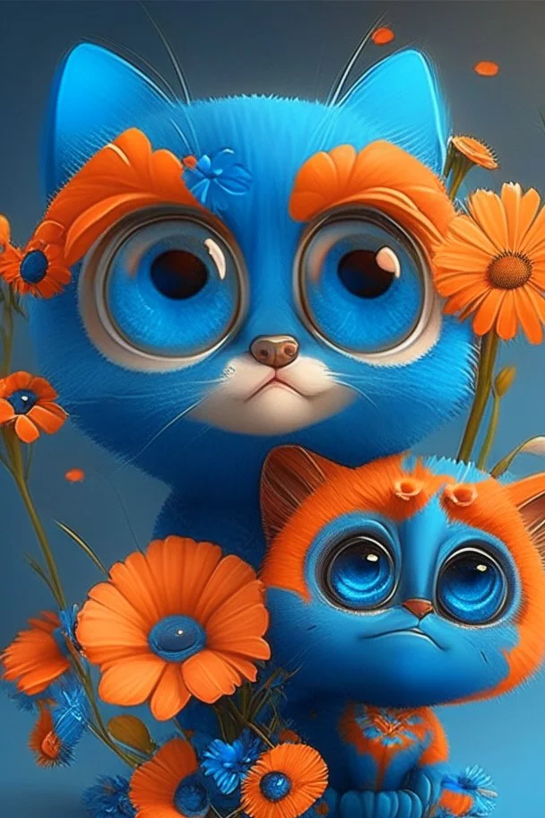 Blue and orange chibi pixar cats with big lifelike eyes and flowers