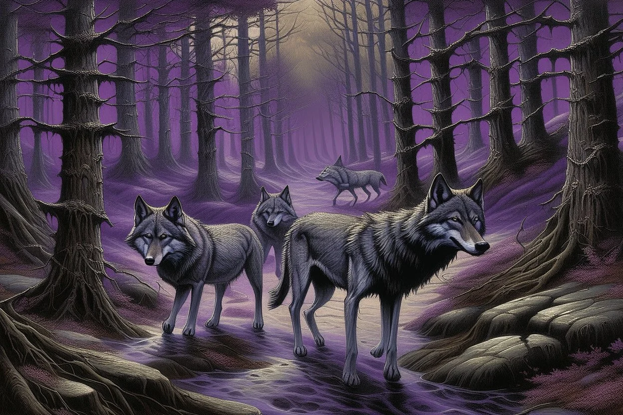 A purple forest with wolves painted by Zhang Lu