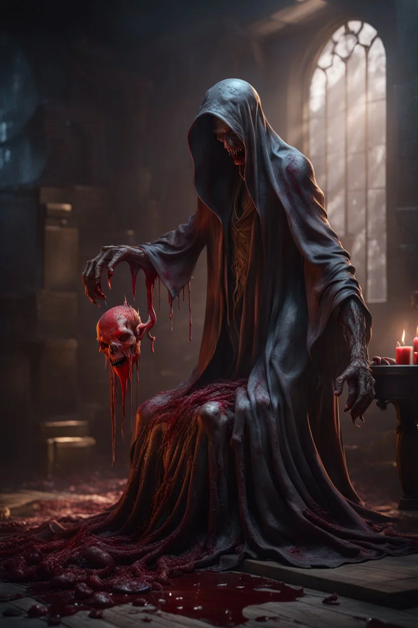 Undead mind flayer draining the blood from corpse. full body shot. fantasy and horror setting, Cinematic lighting, Volumetric lighting, Epic composition, Photorealism, Very high detail, Character design, Unreal Engine, Octane render, HDR, Subsurface scattering, fantasy art,