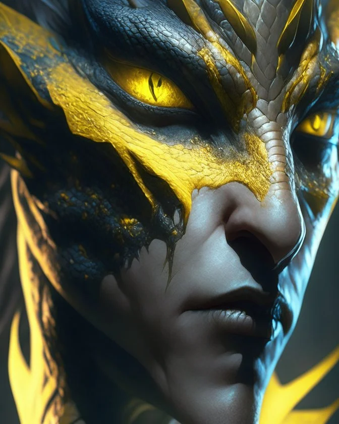 A Na'vi Dragon with large yellow eyes, tattooed skin, starring directly into the viewer, centered, 8k resolution concept art portrait by Greg Rutkowski, Artgerm, WLOP, Alphonse Mucha dynamic lighting hyperdetailed intricately detailed Splash art trending on Artstation Unreal Engine 5 volumetric lighting, by Hajime Isayama, H R Giger, Boris Vallejo, triadic colors