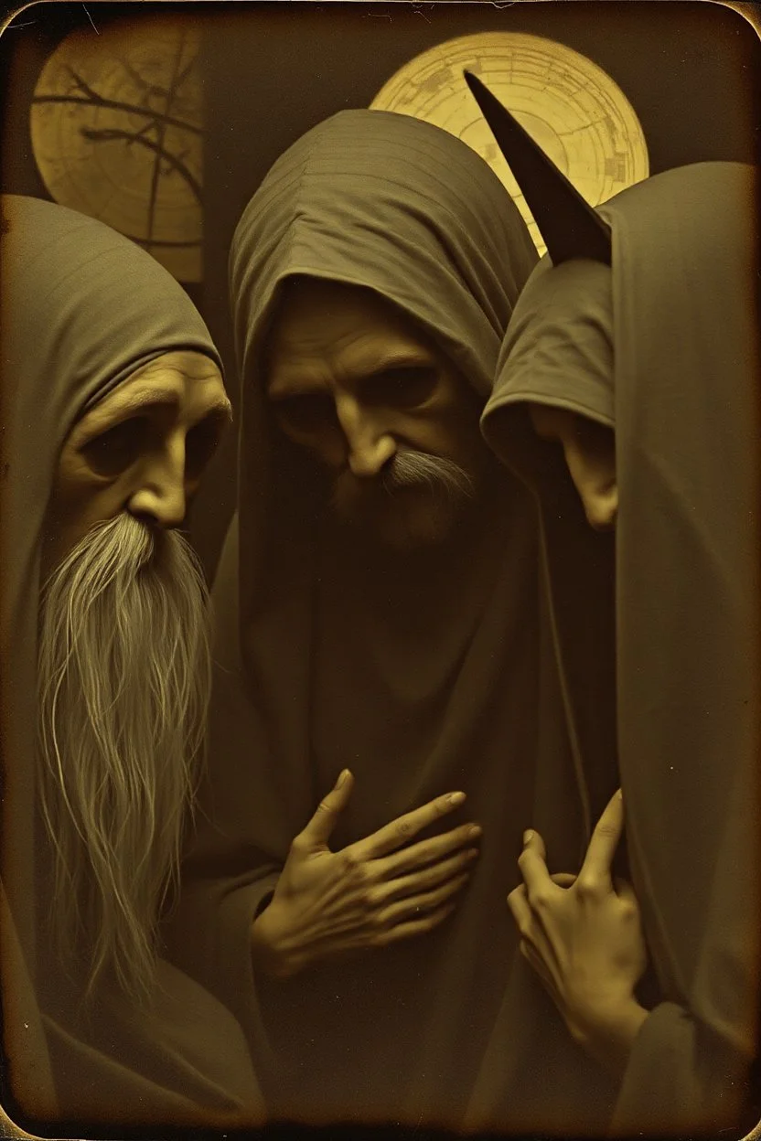 Daguerrotype close up some mysterious figures, odd background, Hieronymus Bosch, ambient light, by Minicavio Quollati and Marlost Endgulp, Amano, Botticelli, Alphonse Mucha