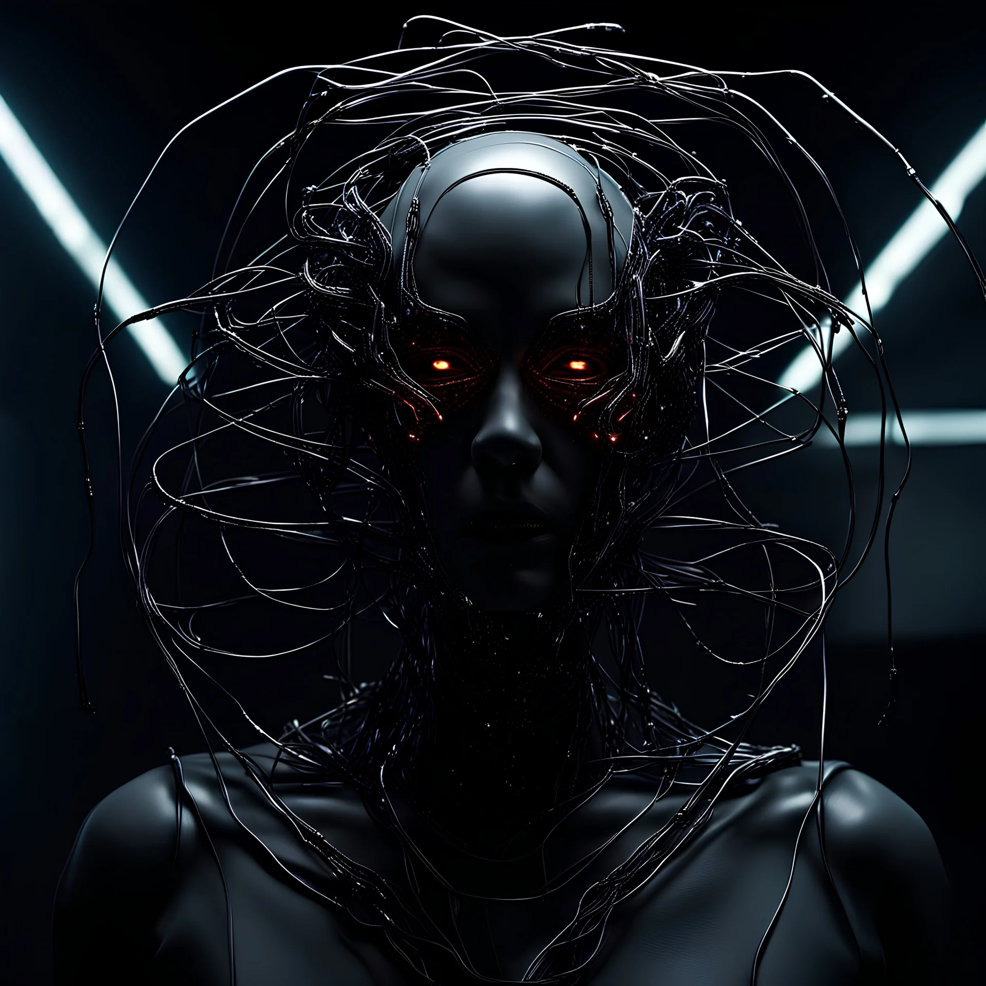 creepy, horrifying, sinister,, lumen lighting, led lights, <hanging wires> many wires connected to the head<perfect pupil> <cyborg> <garage> <sci-fi futuristic>