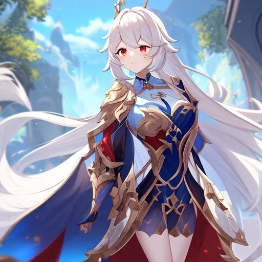 Clear focus,High resolution,High quality, White long hair with long bangs, red eyes, genshin warrior clothing style