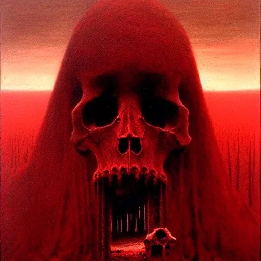 hell by beksinski, many skulls, red tones