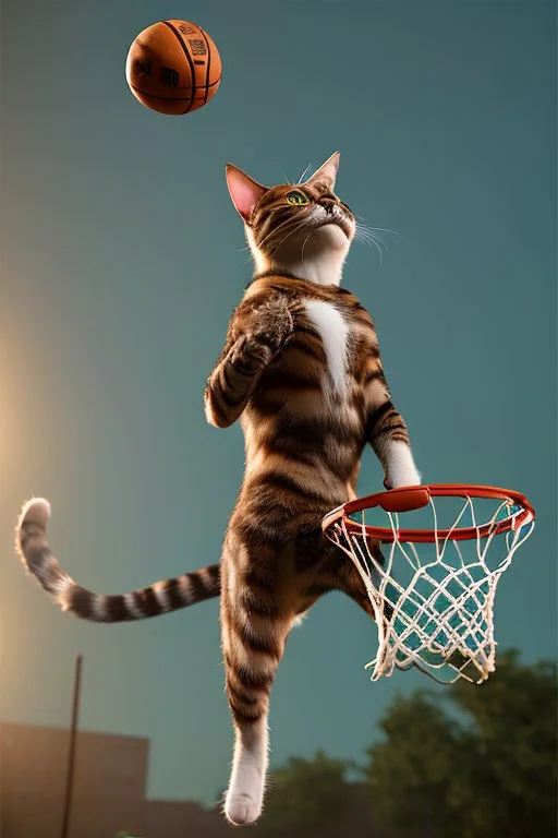 13k, highly realistic and detailed image of a cat as a NBA basketball player in action dunking the ball in the net, sweaty hair, screaming look,action and explosive background