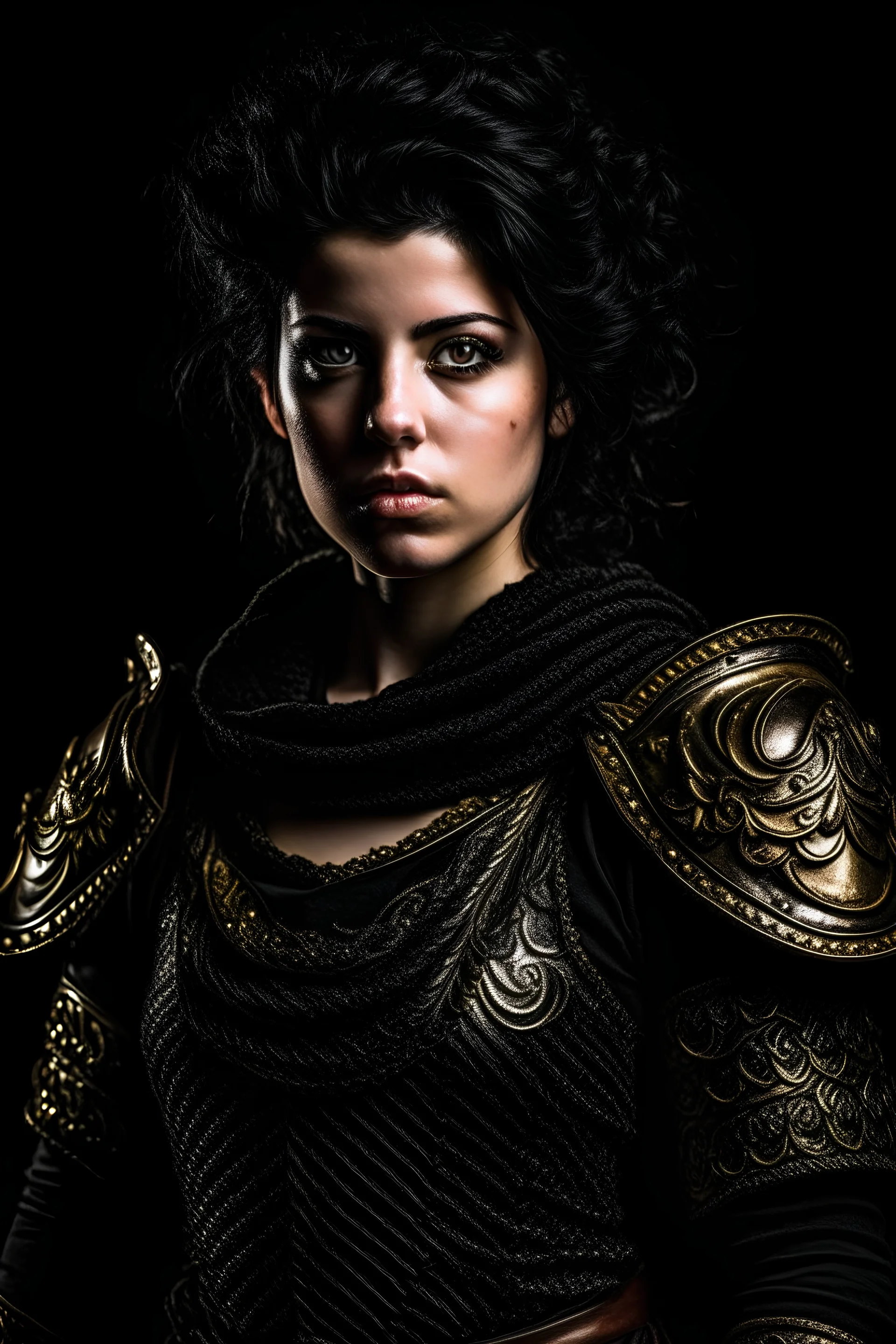 A portrait of a Warrior woman, black hair, beautiful, heavy armor, Caravaggio style