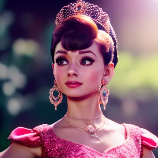 Audrey Hepburn Princess Peach, closed eyes, rtx, reflection, 8k, glow, winning photography, caustics