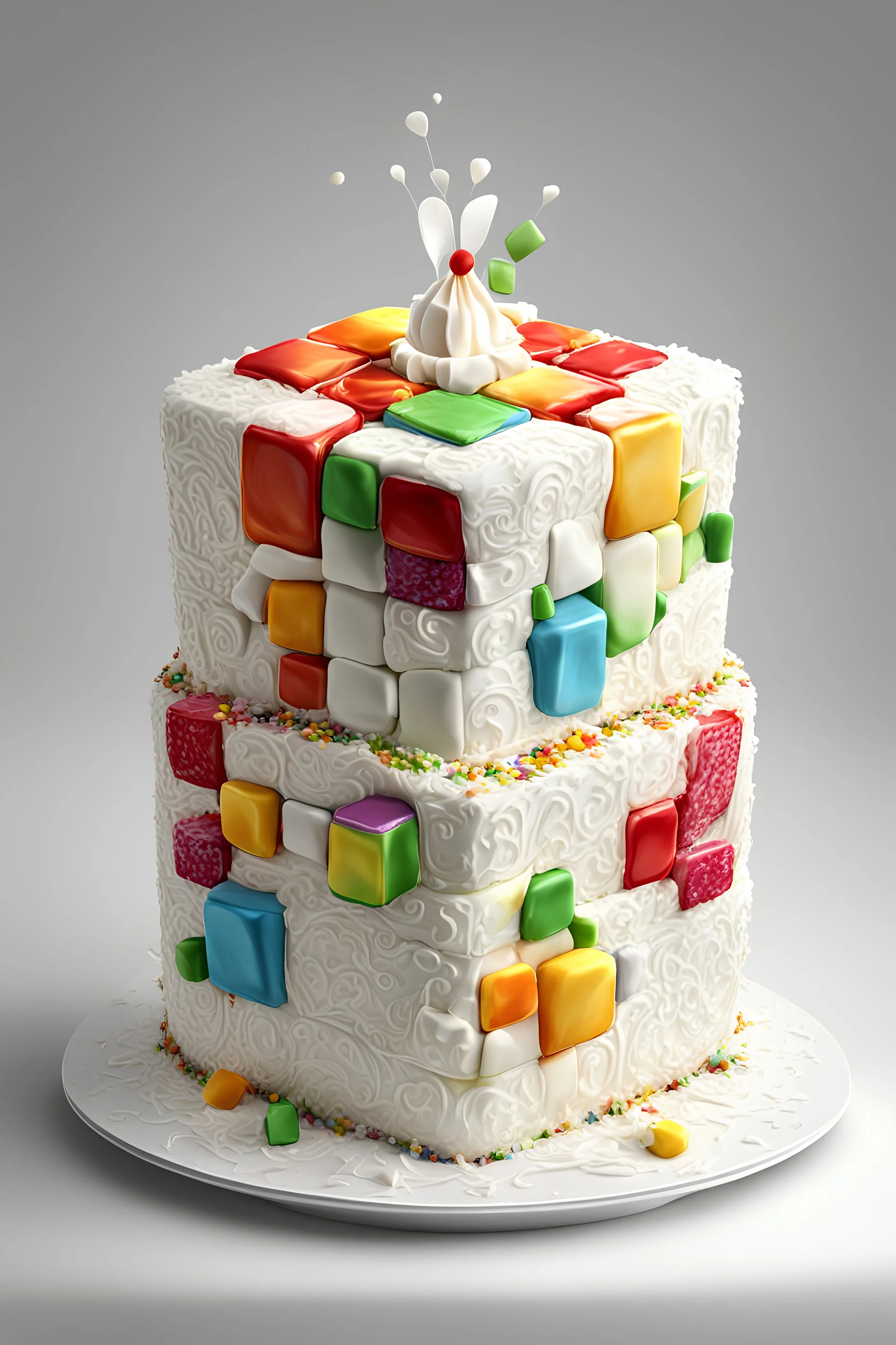 highly detailed, fantastical white frosting wedding cake shaped like a rubiks cube, different color cakes, designed by ppbulish, perfect composition, beautiful intricate insanely detailed octane render trending on artstation, 16k artistic food photography, photorealistic concept art, soft natural volumetric cinematic perfect light, award - winning photograph