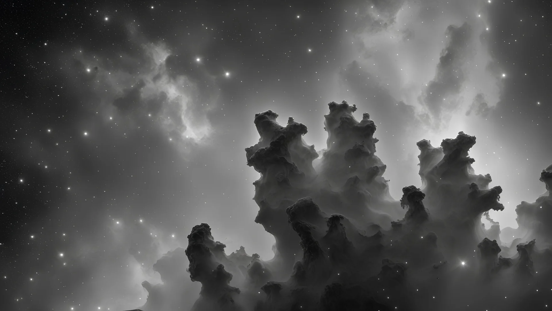 The Pillars of Creation Eagle Nebula, many pillars, softer contrast, photographic, black and white