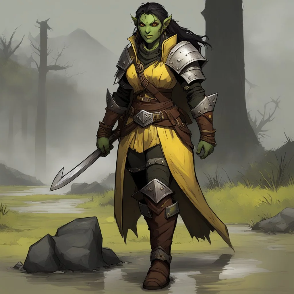 Griz the half-orc cleric with her leather boots in the mud. You recall her striking appearance: greenish skin marked with ritual scars, yellow eyes that burned with a rare intelligence. She was an outcast among her own kind, drawn to divine magic despite the taboos. Griz's yellow eyes follow your approach, her stance shifting subtly as you draw closer. The ritual scars on her arms pulse with a faint inner light.