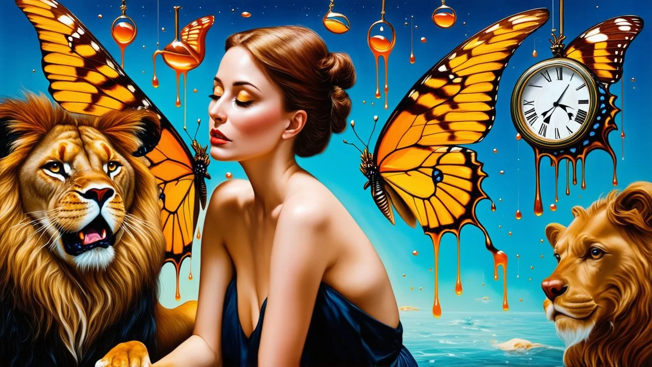 Surrealistic figurative art piece, featuring a woman with butterfly wings and a lion's head, surrounded by floating clocks and melting objects, by Salvador Dali, René Magritte, or Max Ernst. Detailed brush strokes, vibrant colors, dreamlike atmosphere.