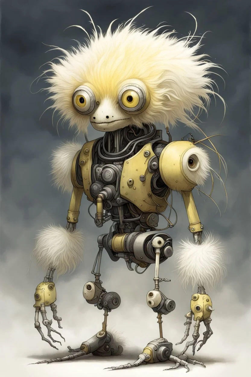 Artist Jean-Baptiste Monge style. A mechanical humanoid pale yellow filament-creature. White furry liquid tendrils. White eyes.