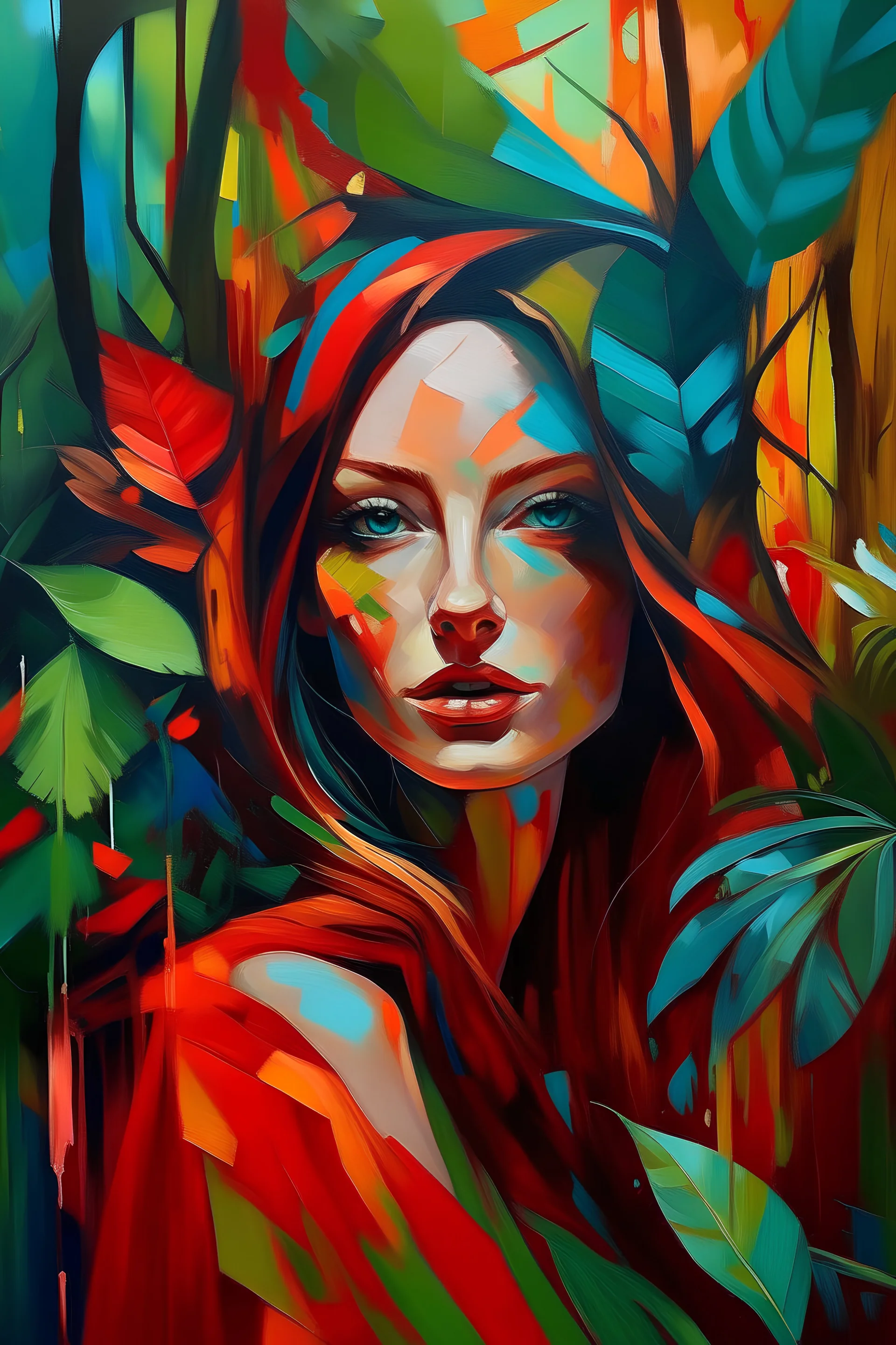 Ines Longevial oil painting painting wanderlast woman face fashion in a abstract jungle