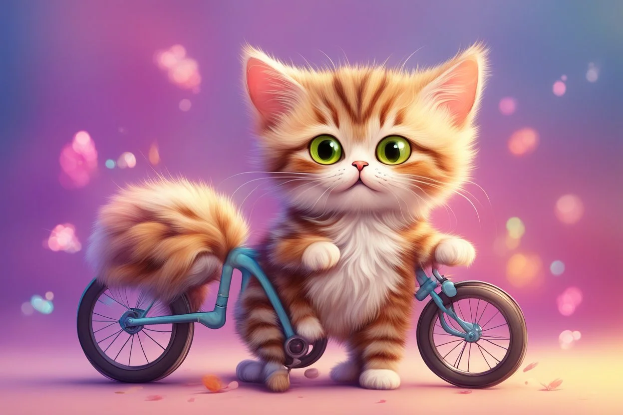 Fluffy tabby cat, adorable kitten, miniature bicycle, whimsical scene, playful concept, vibrant colors, detailed fur texture, charming expression, dynamic composition, cartoonish style, digital art, creative and imaginative, bright and lively palette, joyful atmosphere, skillful rendering, high resolution, skillful lighting to enhance cuteness.