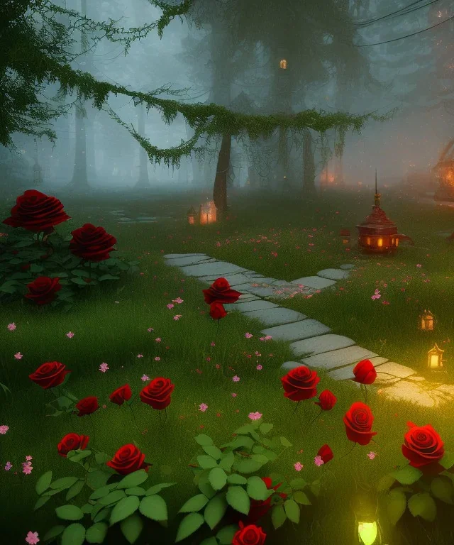 roses, axe, viking, romance, fantasy, fairies, runes, norse, red, goth, cinematic lighting, octane render, ambiance, professional photo, unreal engine