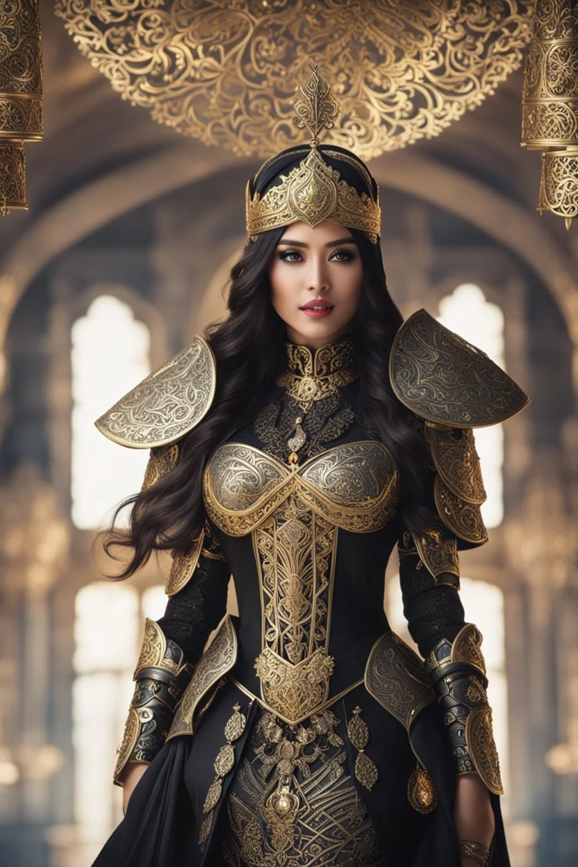 Realistic photography,front_ full view, (queen, looking at viewer), black long hair,traditional dress, hijaber, ornaments mechanical_armor, intricate armor, delicate golden filigree, intricate filigree, black metalic parts, detailed part, dynamic pose, abstrac background, dynamic lighting