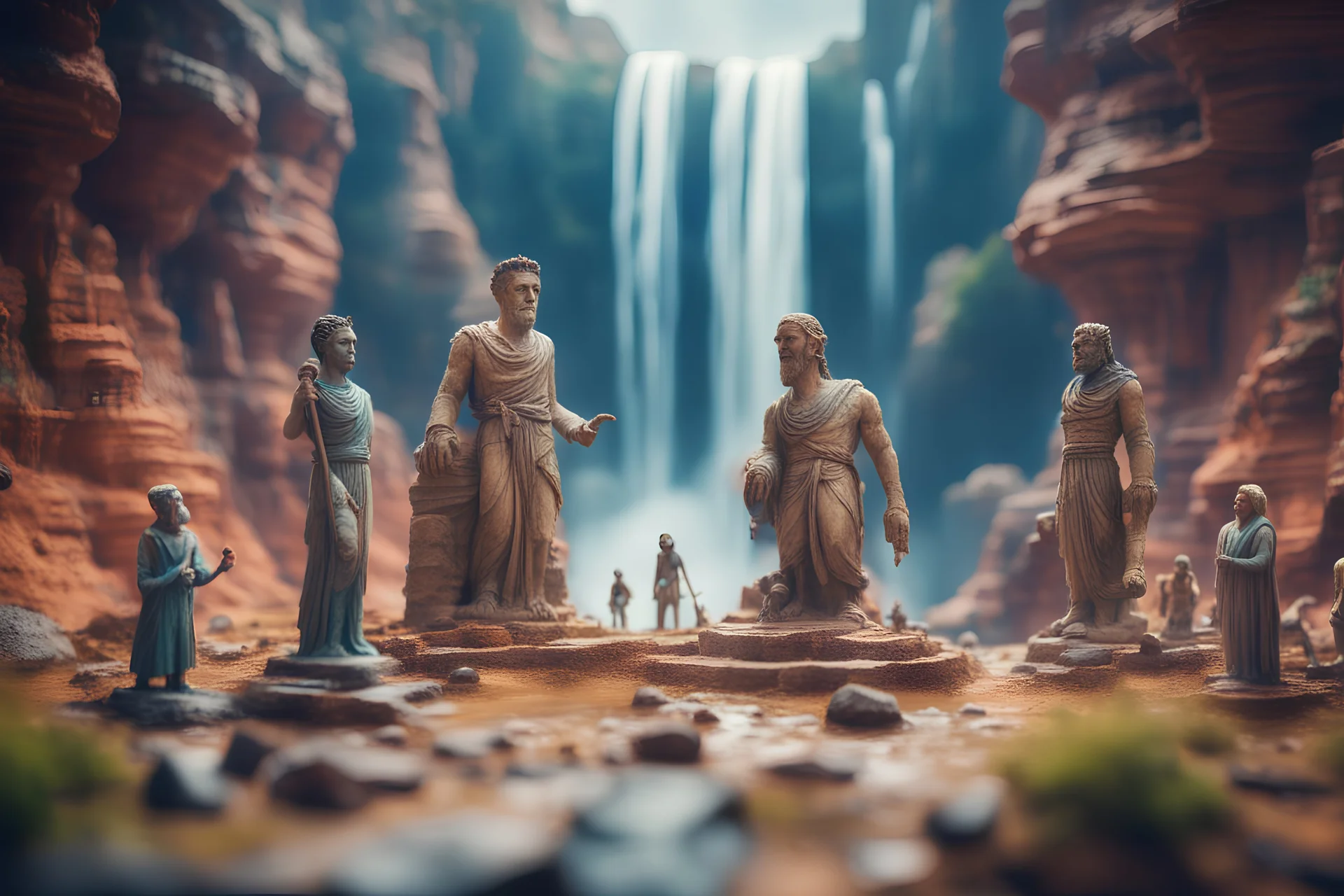 archeologists discovering storm giant people worshipping statues and idols, on a strange planet with weird colors and waterfalls, bokeh like f/0.8, tilt-shift lens 8k, high detail, smooth render, down-light, unreal engine, prize winning